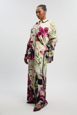 Karen Millen Womens Plus Size Viscose Satin Floral Print Wide Leg Woven Trouser - Size 20 UK