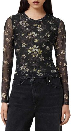 AllSaints Ellie Floral Long Sleeve Mesh T-Shirt in Vine Black at Nordstrom, Size 2 Us
