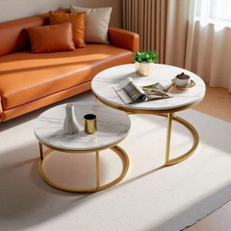 OEM Juego De Mesas Bajas - M&aacute;rmol Blanco Y Dorado - &Oslash;80/60cm - Dise&ntilde;o Contempor&aacute;neo - Anti-manchas