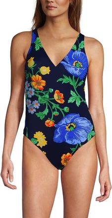 Lands End Tugless V-Neck High Leg One Piece Swimsuit in Navy/exploded Poppy Floral at Nordstrom, Size 18P