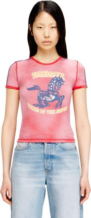 Diesel Cotton stretch T-shirt with horse graphic print - Tops - Woman - Red