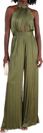 Lulus Confident Impression Satin Pleated Halter Jumpsuit In Olive Green