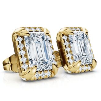 Pompeii3 2 1/5 Ct TW Emerald Cut Bezel Diamond Studs 14k Gold Lab Grown Earrings