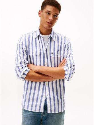 Tommy Hilfiger Mens Relaxed Fit Stripe Brushed Twill Shirt - Blue - XL