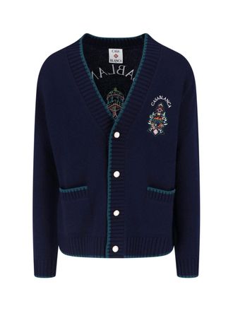 Casablanca Deep V-Neck Button-Down Sweater with Embroidered Designs