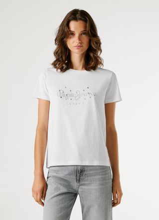 Pepe Jeans London T-Shirt PEPE JEANS BRADY, Damen, Gr. XL, 800wei&szlig;, Single Jersey, Obermaterial: 100% Baumwolle, normal, Rundhals, abgesteppte Kante, Shirts T-Shirt, mi