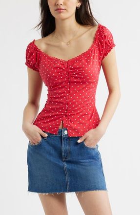 BP. Lace Trim Stretch Cotton Button-Up Top in Red S- White Dove Dot at Nordstrom, Size Xx-Small