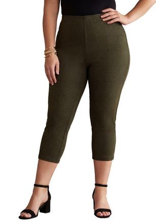 Jessica London Everyday Stretch Cotton Capri Legging in Dark Olive Green Glen Plaid at Nordstrom, Size 20