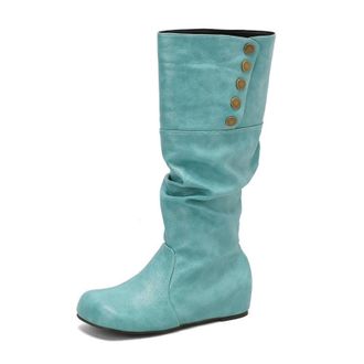 Generic Womens Wedge Heel Knee High Boot Round Toe PU Leather Long Boots Pull on Slouch Boot with Button,Green,10.5 UK