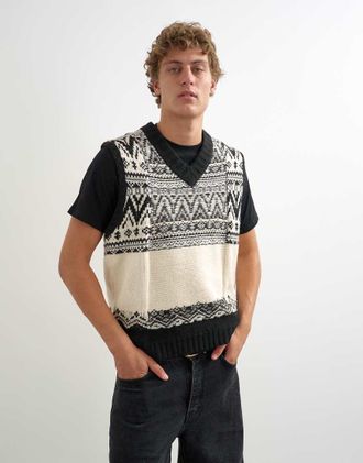 Topman canotta lavorata a maglia vestibilit&agrave; comoda con scollo a V e motivo Fair Isle nera-Bianco