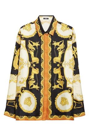 Versace Hall of Heroes Silk Button-Up Shirt in Black Ivory Autumn Spice at Nordstrom, Size 10 Us