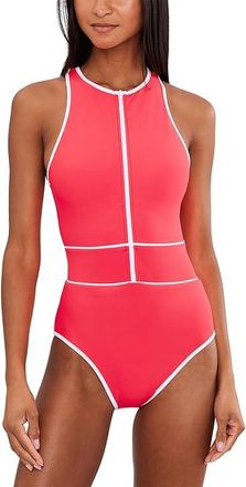 BECCA by Rebecca Virtue Sport Mode Shannon High Neck Zip One-Piece Womens Swimsuits One Piece Caliente : LG, Nylon/Spandex