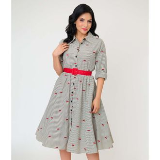 Unique Vintage Long Sleeve Belted Shirt Dress in Grey Gingham Cherry Print at Nordstrom, Size X-Small