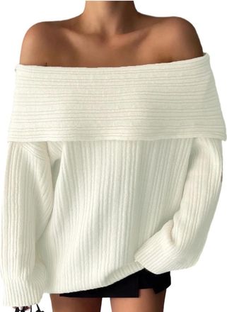Generic Womens Sweaters Off The Shoulder Jumper for Womens Plus Size Pullover Long Sleeve Tops Casual Loose Sweater Comfy Cozy Top Knitwear Oversized Y2k Clot
