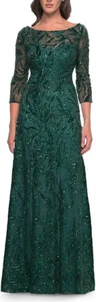 La Femme Beautiful Beaded Long Dress with Illusion Sleeves in Emerald at Nordstrom, Size 6