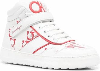 Ferragamo Womens Noe High Top Leather Sneakers In White/red