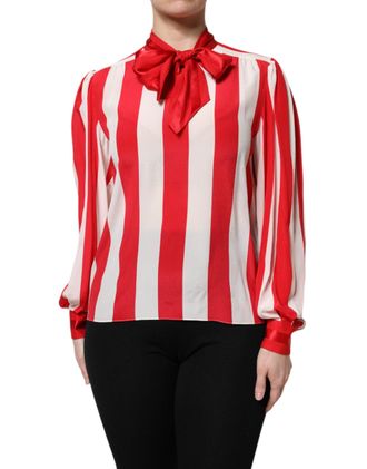 Dolce & Gabbana Womens Red White Stripes Ascot Collar Blouse Top And Silk