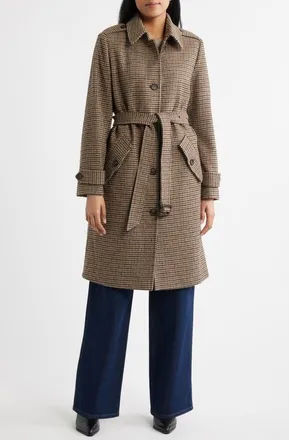 Bernardo Long Belted Coat in Brown Gingham at Nordstrom, Size Xx-Large