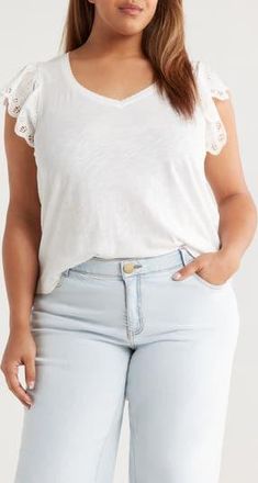 Wit & Wisdom Eyelet Flutter Sleeve V-Neck T-Shirt in White at Nordstrom Rack, Size 1X
