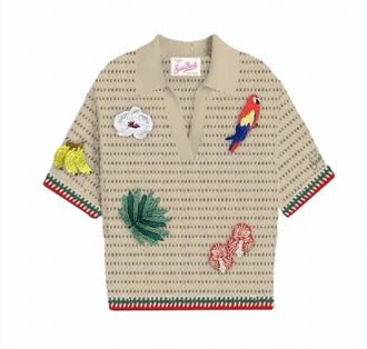 MC2 Saint Barth Beige Open-Knit Short-Sleeve Top with Playful Embroidery