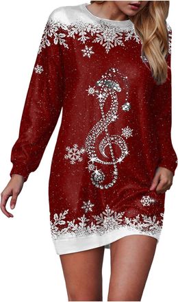 Generic Christmas Sweatshirt Dress for Women Casual Crew Neck Dress Tunic Skirt Funny Party Costume Womens Christmas Jumpers Xmas Jumper with Print, Crew Neck