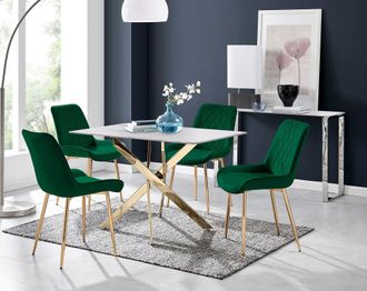 Furniturebox Leonardo White Glass Marble Effect Gold Leg Table & 4 Pesaro Gold Leg Chairs in Green