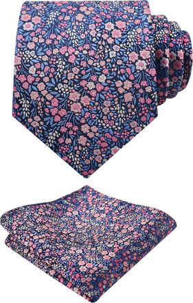 Alizeal Mens Light Colored Floral Necktie and Pocket Square Small Flower Colorful Wedding Party Tie Set, Navy+Blue+Pink