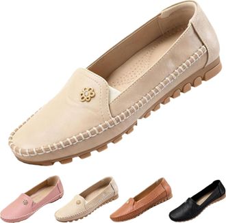 Generic Stylish Orthopedic Leather Shoes-All-Day Comfort for Women, Lightweight Anti-Slip Slip on Stitched Flat-Soled Casual Loafers (Beige,7.5)