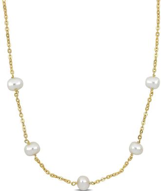 Amour 9-10mm Cultured Freshwater Pearl Station Necklace In Yellow Plated Sterling Silver