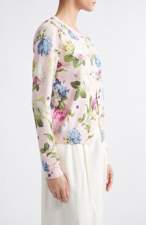 Carolina Herrera Long Sleeve Crewneck Cardigan in Rosewater Multi at Nordstrom, Size X-Large