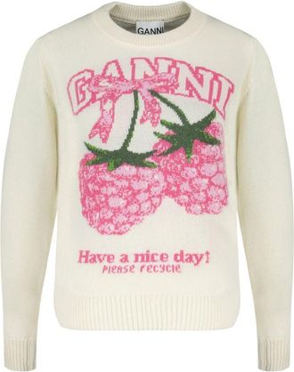 Ganni Womens Wool-Blend Ribbed Sweatshirt Cream Sweatshirts