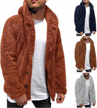 Generic Mens Thermal Winter Coat Mens Fluffy Teddy Fleece Fuzzy Soft Jacket Sherpa Hooded Jumper Plush Warm Outwear Long Sleeve Outdoor Cardigan For Warmth Bu