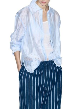 Mango Stripe Sheer Button-Up Shirt in Sky Blue at Nordstrom, Size 8