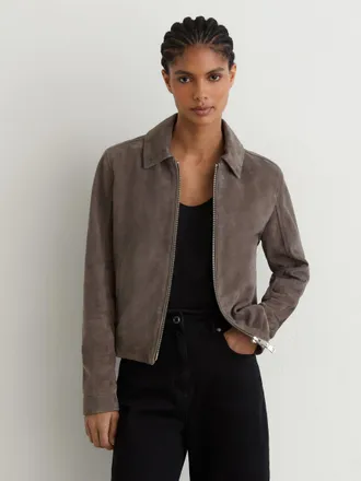 Reiss Womens Grey Suede Zip-through Moto Jacket, 10