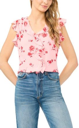 CeCe by Cynthia Steffe Ditsy Floral Ruffle Trim Top in Coral Bloom at Nordstrom, Size Xx-Small