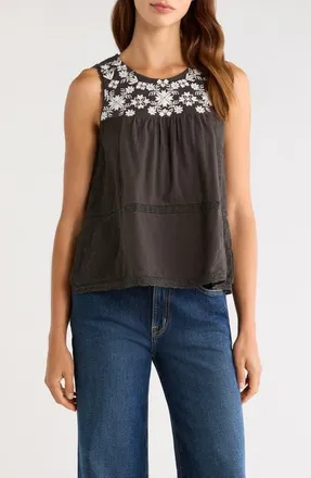 Lucky Brand Embroidered Yoke Cotton Tank in Raven at Nordstrom, Size Xx-Large