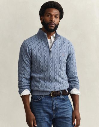 GANT Mens GANT Mens Cotton Cable Half Zip Jumper - 430 Faded Denim - Blue - Size: 42