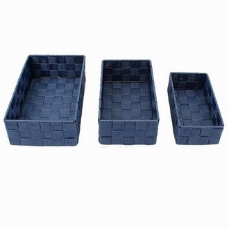 Trade Shop Trade Shop - Set 3 Pezzi Scatola Porta Oggetti In Tessuto Intrecciato Contenitori Blu 79058