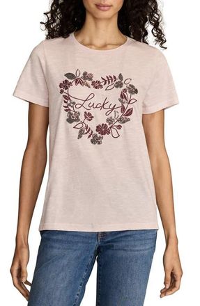 Lucky Brand Floral Embroidery Lucky Heart Classic Crewneck Cotton Graphi T-Shirt in Mauve Chalk at Nordstrom, Size Medium