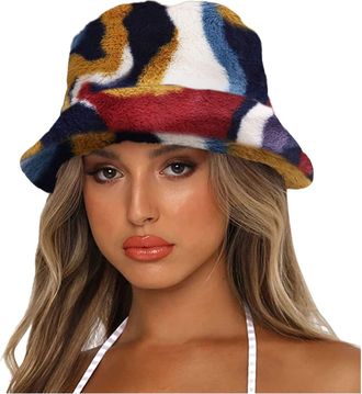 Generic Womens Winter Bucket Hats Faux Furry Fluffy Fisherman Hat Soft Warm Funny Graphic Cosy Plush Hat for Teen Girls (White, One Size)