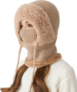 Generic 3 in 1 Winter Hat with Scarf and Mask, Womens Outdoors Windproof Knitted Hat, Elastic Warm One-Piece Hatand Scarf (UK, Alpha, One Size, Khaki)