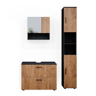 Vicco Conjunto De Muebles De Ba&ntilde;o Irma, Oro Power Roble/antracita, 3 Piezas, Con Cajonera Y Mueble Alto, Vicco