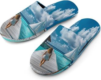 Generic Maldives Beach Mens Cotton Slippers Memory Foam Comfort House Shoes Winter Indoor Slipper for Hotel Casa Spa