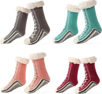 Generic Unisex Thick Cashmere Slipper Home Socks Fluffy Plush Comfy Sleeping Footwear Non-slip Grippy Boots Thermal Plush Booties (4pcs-g,One Size)