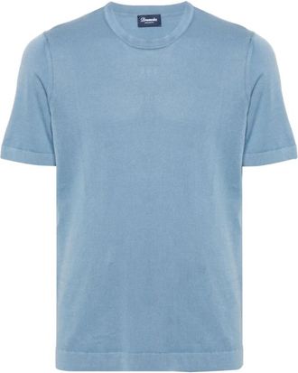 Drumohr Stone Wash katoenen T-shirt - Heren - Ronde hals truien - Blauw - 2XL - Katoen - Truien & Vesten