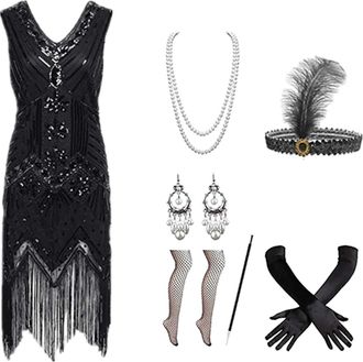 Generic Womens 1920s Tassel Sequins Dance Costume Samba Rumba Tango Dance Dress Vintage Flapper Cocktail Dress Sexy V-Neck, Cocktail Dresses 1920s with 20s Ac