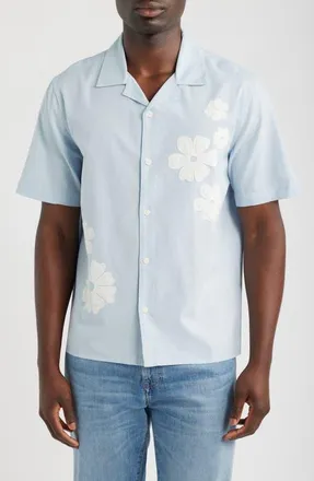 Wax London Didcot Flower Appliqu&eacute; Cotton & Linen Camp Shirt in Blue/ecru at Nordstrom, Size Xx-Large