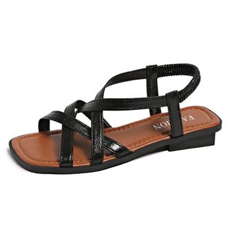 Generic Womens Fashion Square Open Toe Flat Sandals Slip On Comfort Lightweight Casual Summer Roman Beach Shoes (7.5,Black)