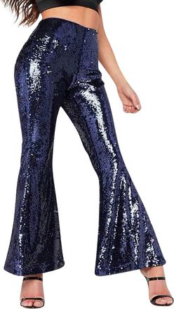 Generic IQYU Flared Trousers Womens Jeans High Waist, Glitter Trousers Womens Long Silver Pump Trousers Shiny Capri Leggings Vintage Running Trousers Wide Leg