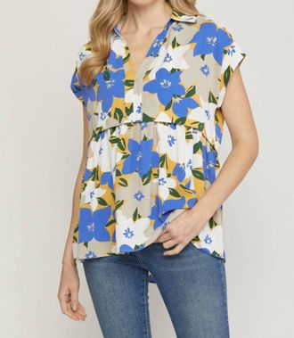 Entro Floral Print V-Neck Top In Blue